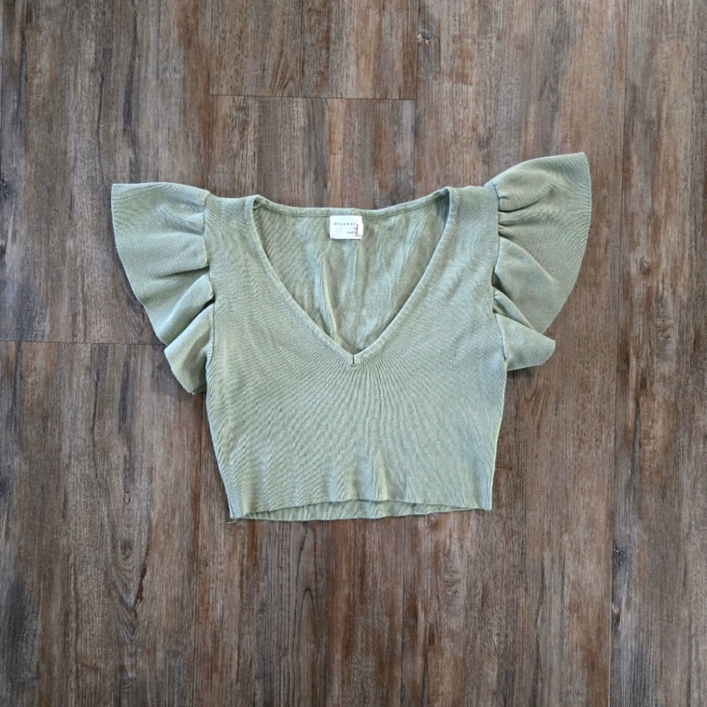 Olive Green Ruffle Sleeve Crop Top